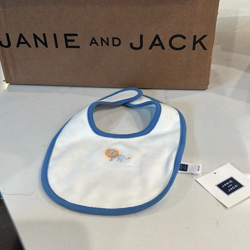 Janie &Jack White Baby Bib w/ Blue Embroidered Lion NWT